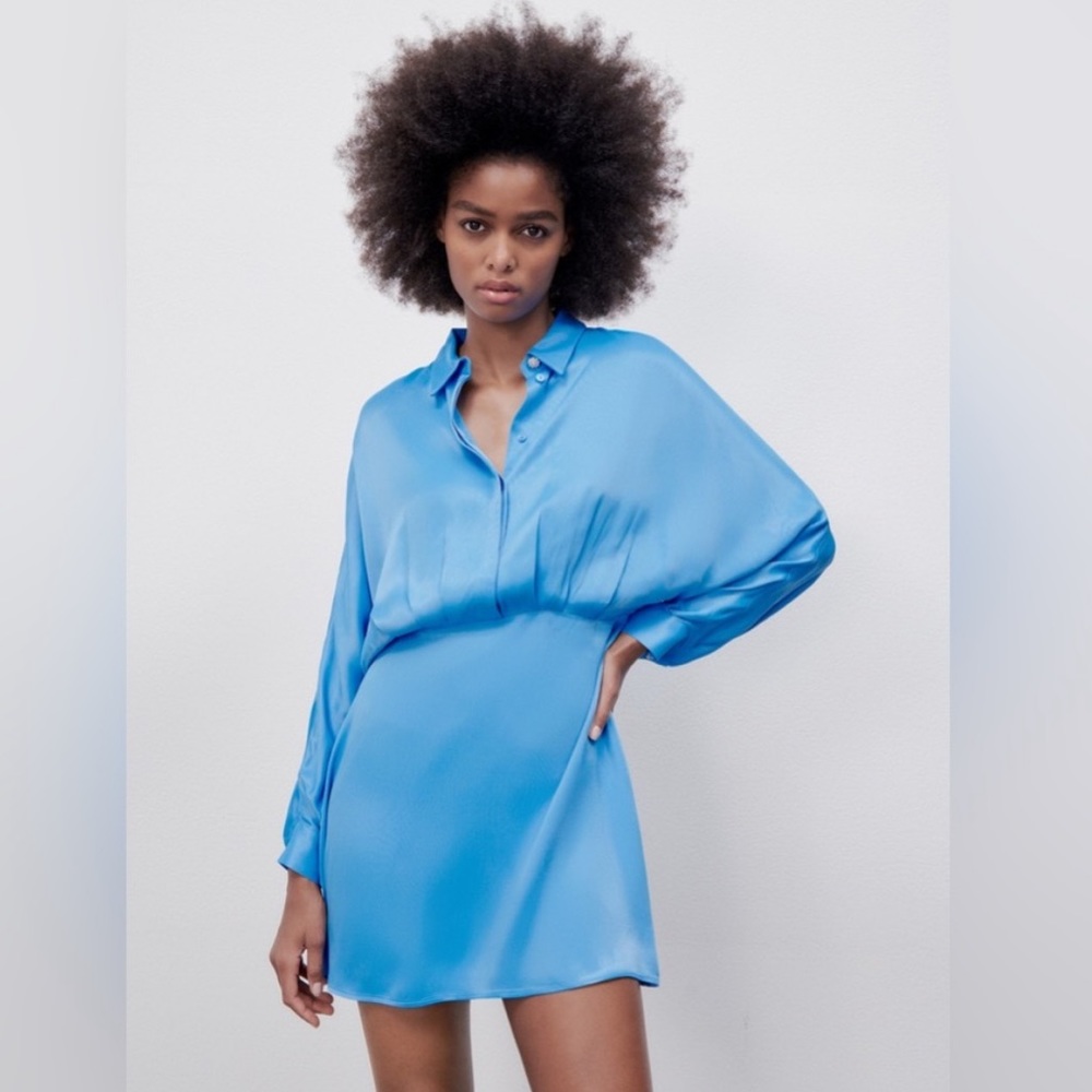 Zara Satin Effect Mini Dress in Blue | Size small